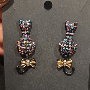 Betsey Johnson Multicolor Cat Earrings with Gold Bows